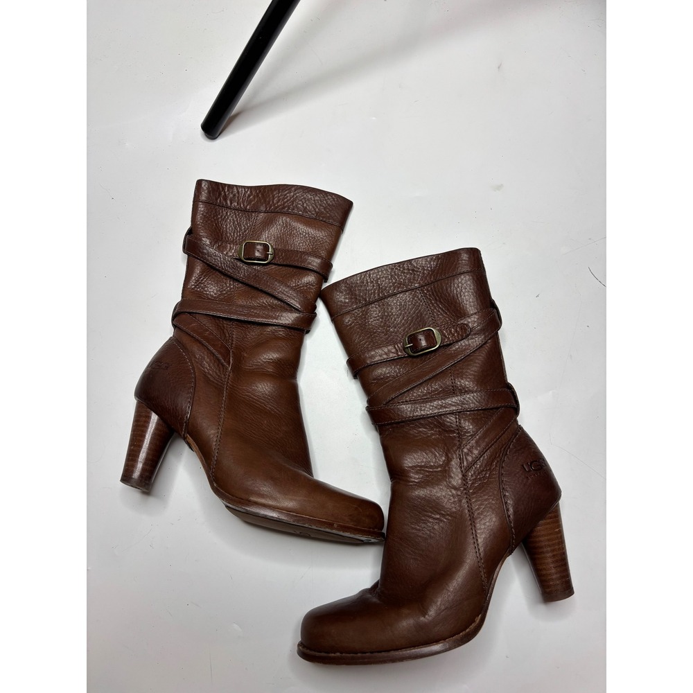 UGG Australia Brown Leather Buckle Strap Heeled Mid Calf Boots 5454 Womens 6.5